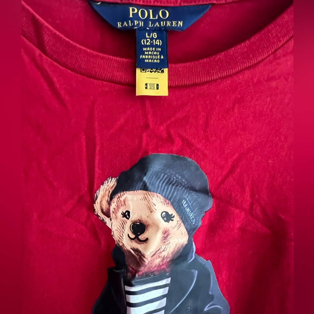 New Polo by Ralph Lauren Kids Maroon Teddy Bear Graphic Tee Shirt Size 12 -14 LG - Picture 3 of 6